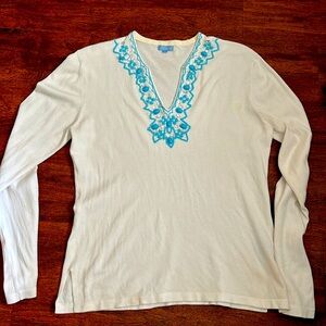 J. McLaughlin White V-Neck Sweater with Turquoise Beading. Size Medium